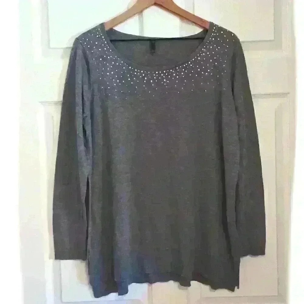 NYDJ Womens Cashmere Blend Sweater Grey Size L Rhinestone Neckline Glam Office
